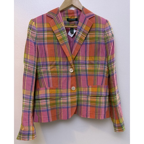 Lauren Ralph Lauren Jackets & Blazers - Lauren Ralph Lauren Blazer‎ Women's 6  Multicolor Plaid 100% Linen Lined Pockets